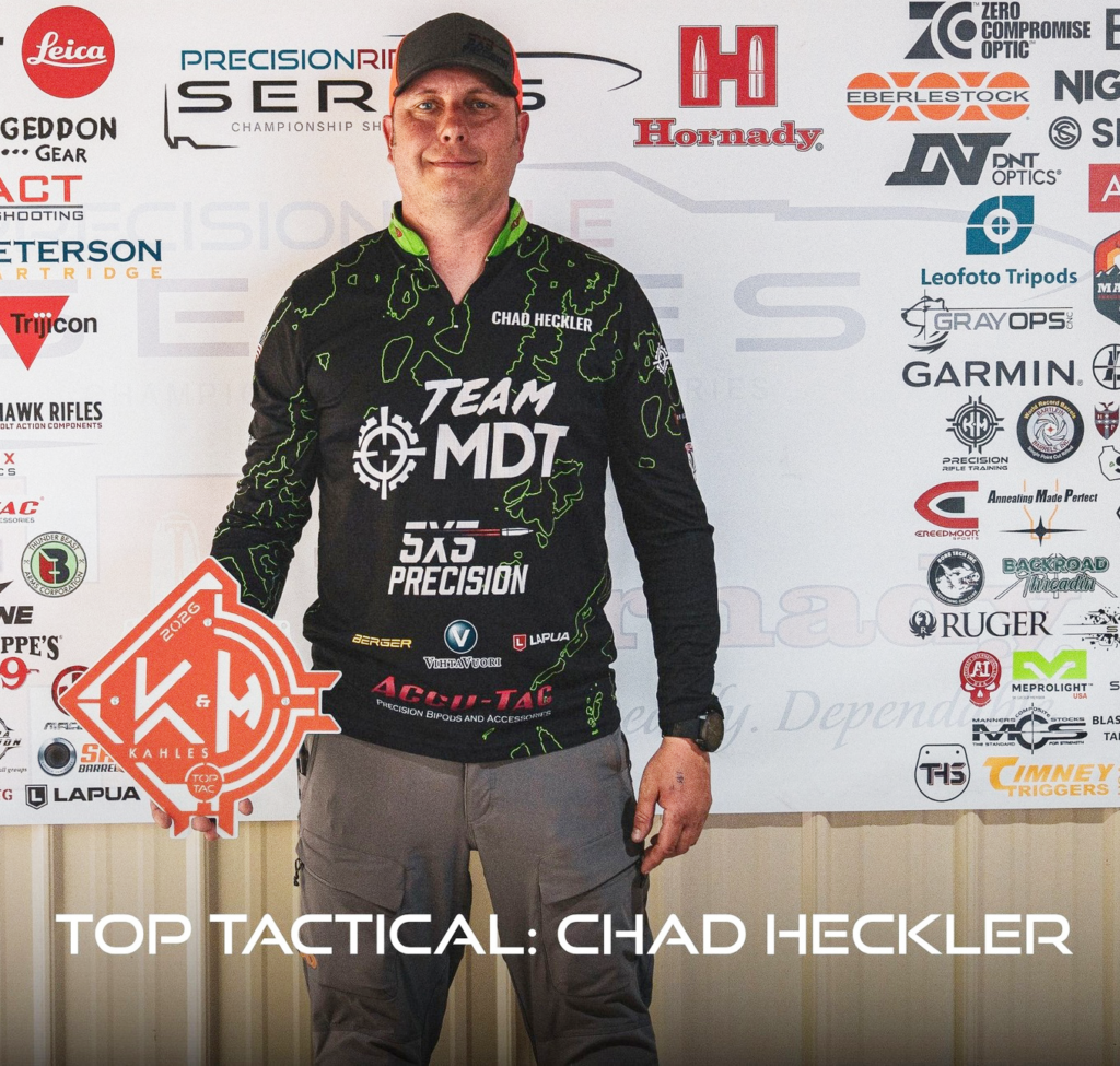 Tactical Division winner Chad Heckler engaging targets on the 20‑stage course at the K&M Precision Rifle Training facility.