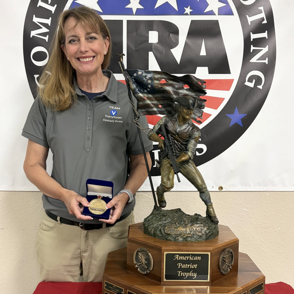 A Team Vihtavuori shooter competing in prone position during the NRA National High Power Championships, representing Kim Rowe’s 2026 Mid‑Range and Long Range victories.