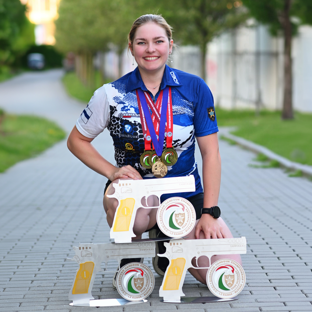 A Finnish IPSC competitor, Anastasia “Nastja” Mustonen, shooting during the 2026 IPSC Handgun European Championships in Buzsák, Hungary.